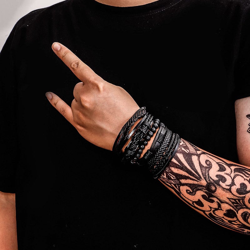 MILAKOO 6 Pcs Black Braided Leather Bracelets for Men Women Cuff Wrap Wristbands - Image 2